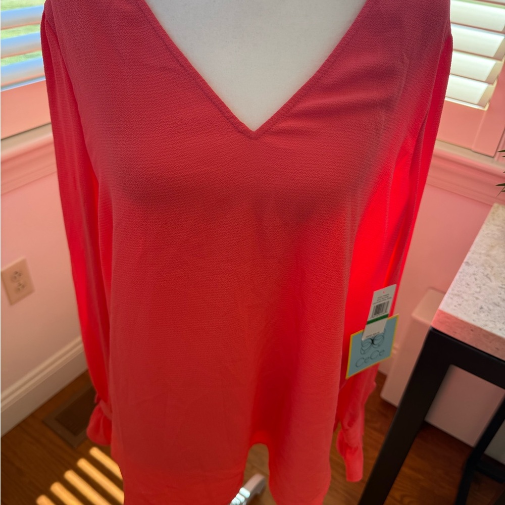 CeCe Bright Women's V-Neck Coral Top - Picture 3 of 8